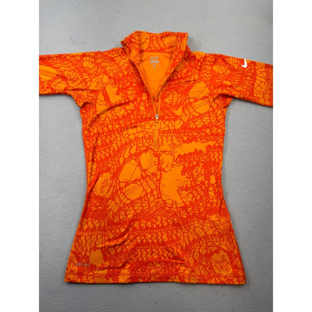 Nike Pro Dri-FIT Half Zip Pullover Orange Red Abstract Web Print Thumbhole Small